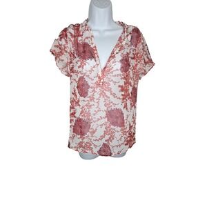 ZARA Basic Red Floral Print Blouse Sheer Short Sleeve Top XS 24‎ Lightweight